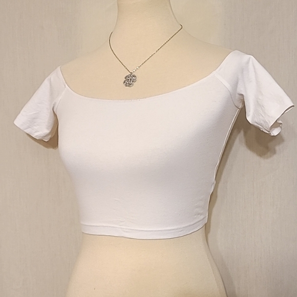 American Apparel White Off-the-shoulder Short Sleeve Crop Top - Picture 4 of 7